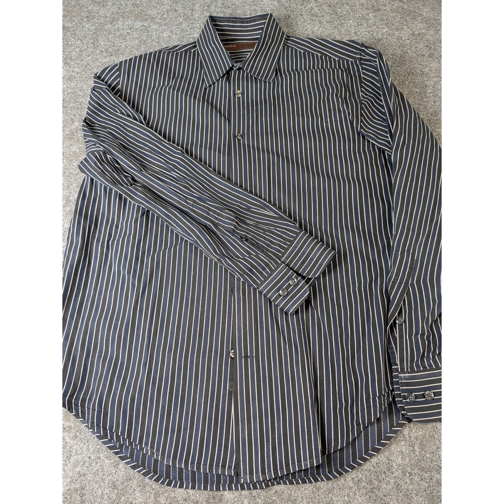 Perry Ellis Mens Navy Blue White Vertical Stripe Button Down Dress Shirt Size M